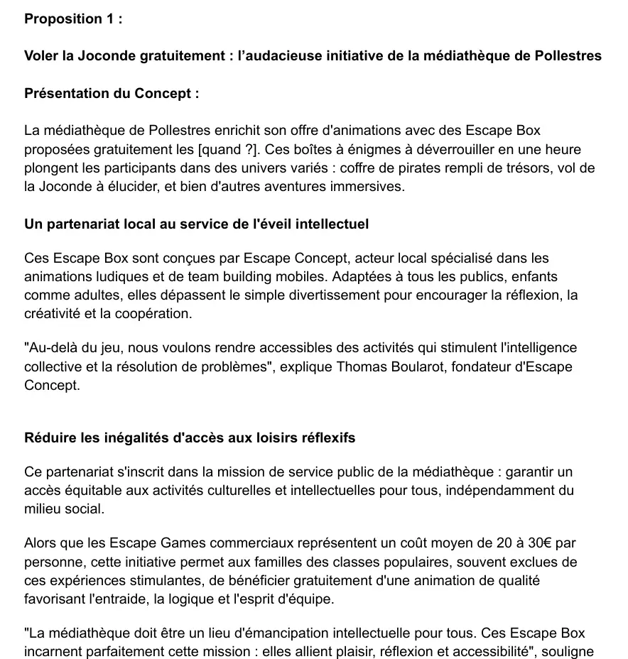 Extrait du communiqué de presse d'Escape Concept avec la médiathèque de Pollestres