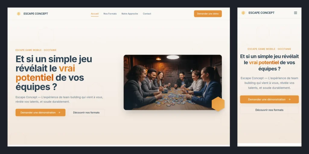 Captures de la maquette de site Escape Concept sur ordinateur et sur mobile