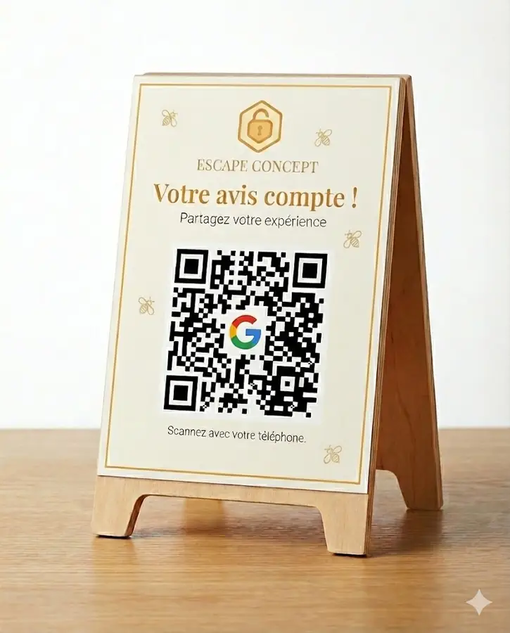 Maquette générée par IA d'un panneau d'avis Google avec QR code aux couleurs d'Escape Concept