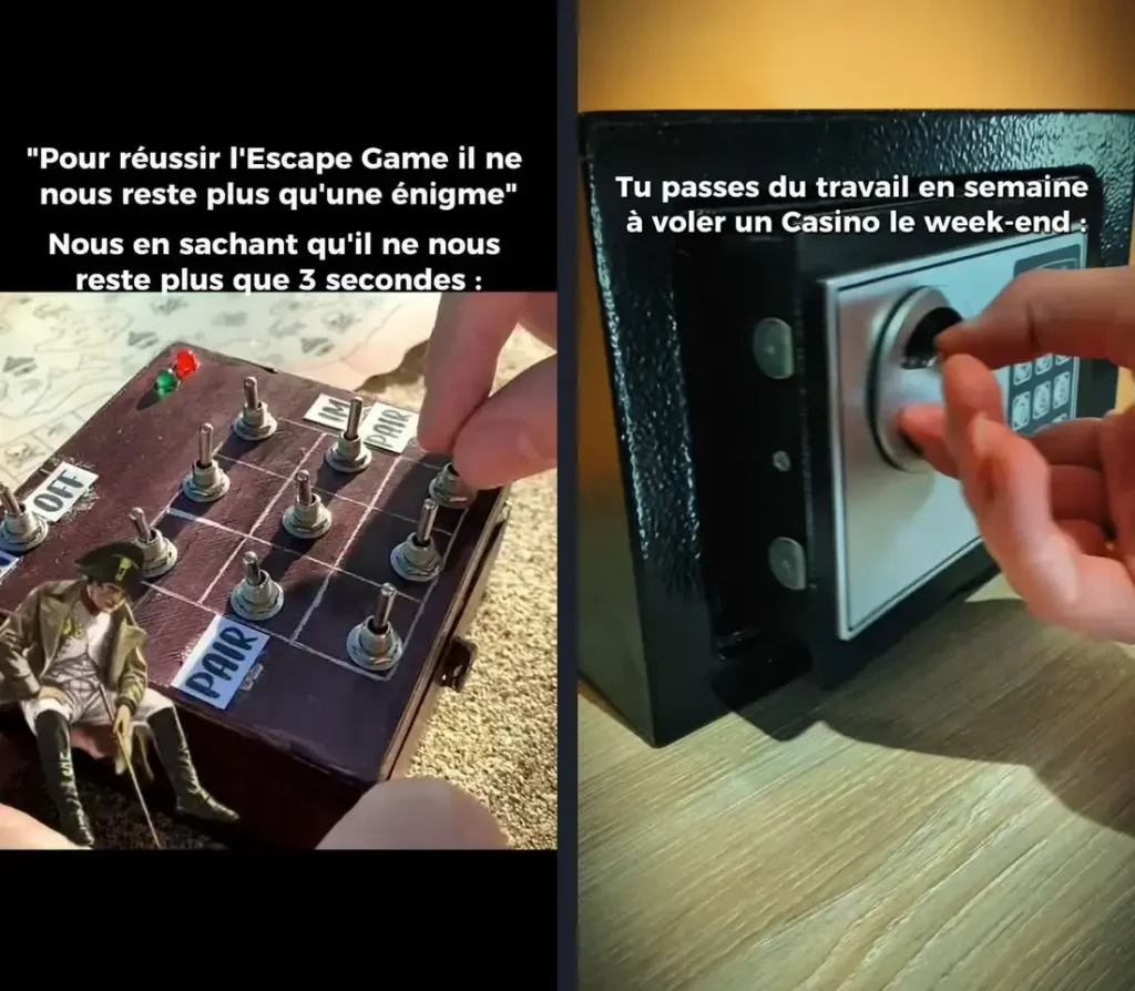 Images fixes de deux reels d'Escape Concept retirés d'Instagram : tendance Napoléon et braquage du casino